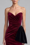 Burgundy Velvet Strapless Mermaid Ruched Long Formal Dress with Bow