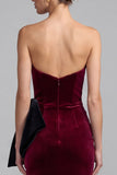 Burgundy Velvet Strapless Mermaid Ruched Long Formal Dress with Bow