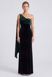 Dark Green and Black Velvet Sheath One Shoulder Long Formal Dress with Cape