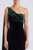 Dark Green and Black Velvet Sheath One Shoulder Long Formal Dress with Cape
