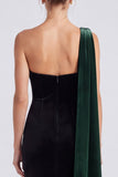 Dark Green and Black Velvet Sheath One Shoulder Long Formal Dress with Cape