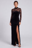 Black Sheath High Neck Long Sleeves Lace Formal Dress with Slit