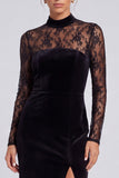 Black Sheath High Neck Long Sleeves Lace Formal Dress with Slit