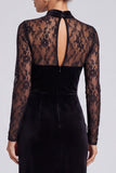 Black Sheath High Neck Long Sleeves Lace Formal Dress with Slit