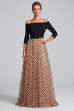 Black and Champagne A-Line Off the Shoulder Polka Dot Maxi Formal Dress