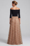 Black and Champagne A-Line Off the Shoulder Polka Dot Maxi Formal Dress