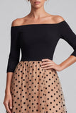 Black and Champagne A-Line Off the Shoulder Polka Dot Maxi Formal Dress