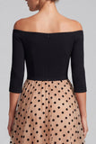 Black and Champagne A-Line Off the Shoulder Polka Dot Maxi Formal Dress