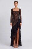 Black Sheath Square Neck Long Sleeves Lace Formal Dress with Ruffles