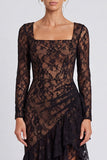 Black Sheath Square Neck Long Sleeves Lace Formal Dress with Ruffles