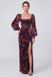 Black Red Floral Corset Sheath Square Neck Long Formal Dress with Slit