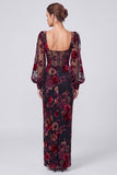Black Red Floral Corset Sheath Square Neck Long Formal Dress with Slit