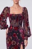 Black Red Floral Corset Sheath Square Neck Long Formal Dress with Slit