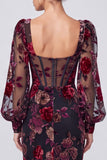 Black Red Floral Corset Sheath Square Neck Long Formal Dress with Slit