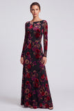 Black Red Floral A-Line Boat Neck Long Formal Dress with Sleeves