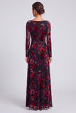 Black Red Floral A-Line Boat Neck Long Formal Dress with Sleeves