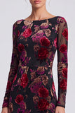 Black Red Floral A-Line Boat Neck Long Formal Dress with Sleeves