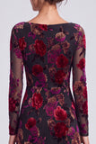 Black Red Floral A-Line Boat Neck Long Formal Dress with Sleeves