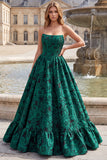 Dark Green Corset Strapless Floral Ruffled Long Prom Dress