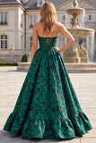 Dark Green Corset Strapless Floral Ruffled Long Prom Dress