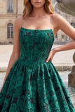Dark Green Corset Strapless Floral Ruffled Long Prom Dress