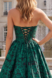 Dark Green Corset Strapless Floral Ruffled Long Prom Dress