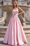 Sparkly Beaded Light Pink Lace Up Strapless Floral Long Prom Dress