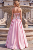 Sparkly Beaded Light Pink Lace Up Strapless Floral Long Prom Dress