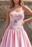 Sparkly Beaded Light Pink Lace Up Strapless Floral Long Prom Dress
