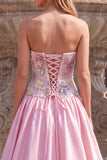 Sparkly Beaded Light Pink Lace Up Strapless Floral Long Prom Dress