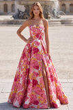 Pink Corset Ball Gown Strapless Floral Long Prom Dress with Slit