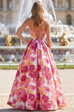 Pink Corset Ball Gown Strapless Floral Long Prom Dress with Slit