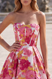 Pink Corset Ball Gown Strapless Floral Long Prom Dress with Slit