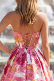 Pink Corset Ball Gown Strapless Floral Long Prom Dress with Slit