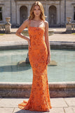 Sparkly Orange Mermaid Floral Spaghetti Straps Beaded Long Prom Dress