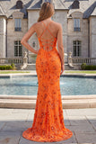 Sparkly Orange Mermaid Floral Spaghetti Straps Beaded Long Prom Dress