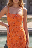 Sparkly Orange Mermaid Floral Spaghetti Straps Beaded Long Prom Dress