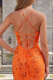 Sparkly Orange Mermaid Floral Spaghetti Straps Beaded Long Prom Dress