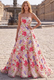 Champagne Red Floral Ball Gown Strapless Long Prom Dress