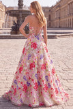 Champagne Red Floral Ball Gown Strapless Long Prom Dress