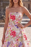 Champagne Red Floral Ball Gown Strapless Long Prom Dress