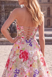 Champagne Red Floral Ball Gown Strapless Long Prom Dress