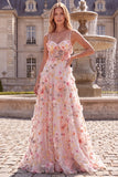 Pink Corset A-Line Spaghetti Straps Floral Long Prom Dress