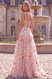 Pink Corset A-Line Spaghetti Straps Floral Long Prom Dress