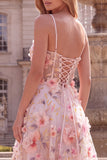 Pink Corset A-Line Spaghetti Straps Floral Long Prom Dress