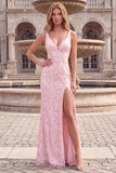 Sparkly Light Pink Sequins Mermaid V-Neck Long Beaded Prom Dress with Slit