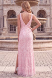 Sparkly Light Pink Sequins Mermaid V-Neck Long Beaded Prom Dress with Slit