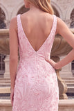 Sparkly Light Pink Sequins Mermaid V-Neck Long Beaded Prom Dress with Slit