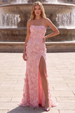 Sparkly Sequins Pink Mermaid Long Strapless Floral Prom Dress with Slit