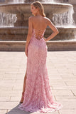 Sparkly Sequins Pink Mermaid Long Strapless Floral Prom Dress with Slit